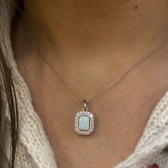 Sterling Silver Opal & Cz Emerald Cut Pendant