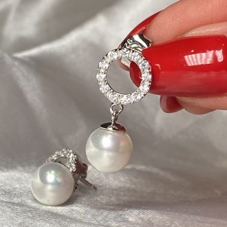 Sterling Silver Cz Open Circle Pearl Drop Earrings