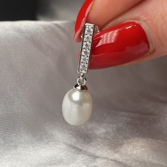 Sterling Silver Cz Straight Bar Pearl Drop Earrings