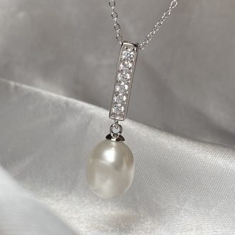 Sterling Silver Cz Straight Bar Pearl Pendant
