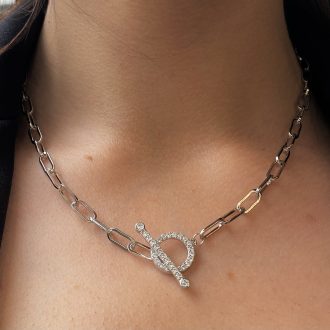 Sterling Silver Cz T-Bar Necklet