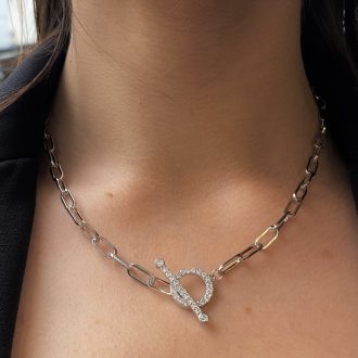 Sterling Silver Cz T-Bar Necklet