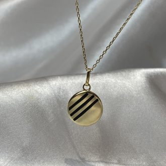 Modern 9ct Gold & Black Striped Disc Pendant