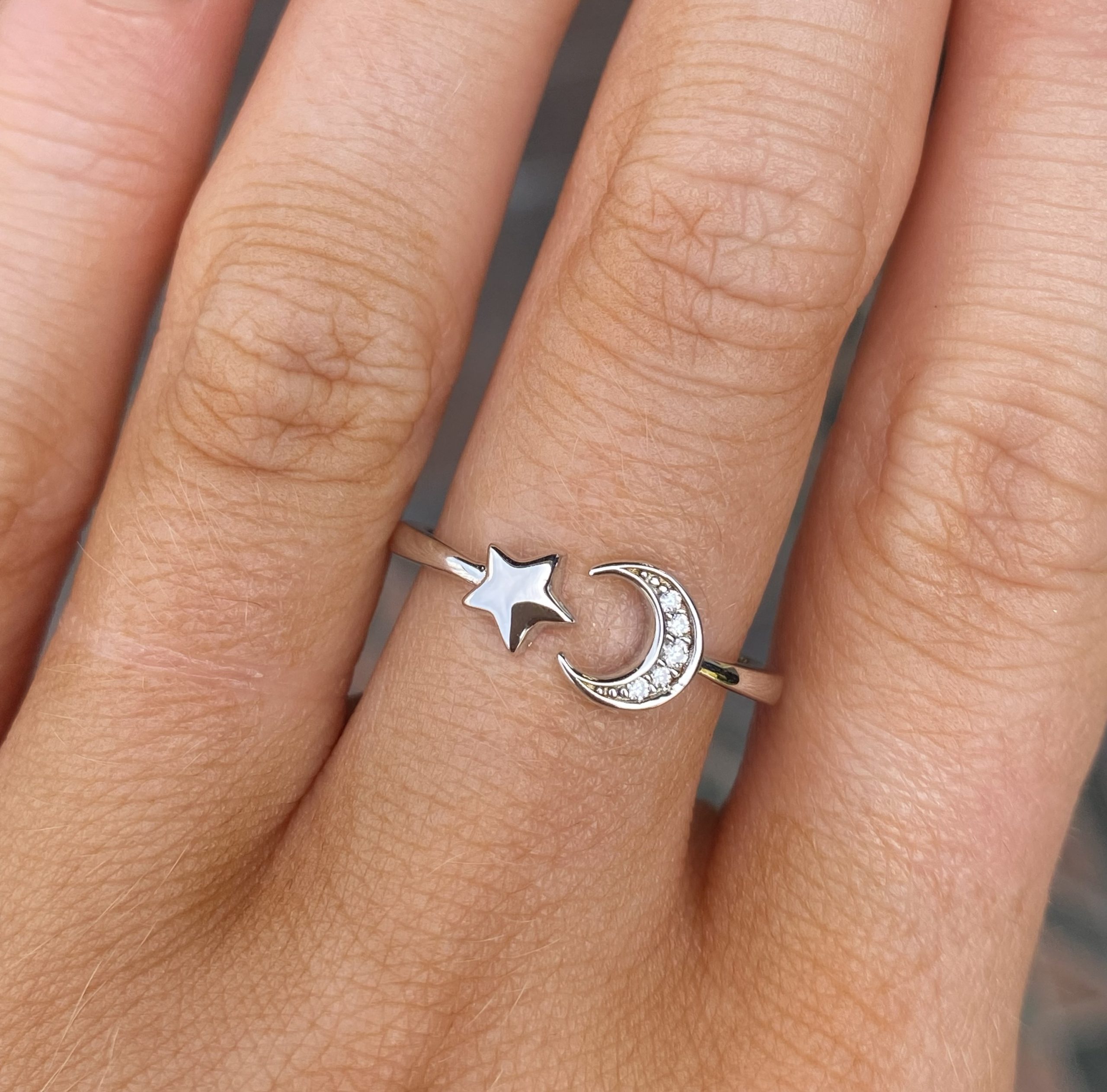 Sterling Silver Open Moon & Star Ring