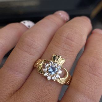 9ct Gold Blue Topaz Cluster Claddagh Ring